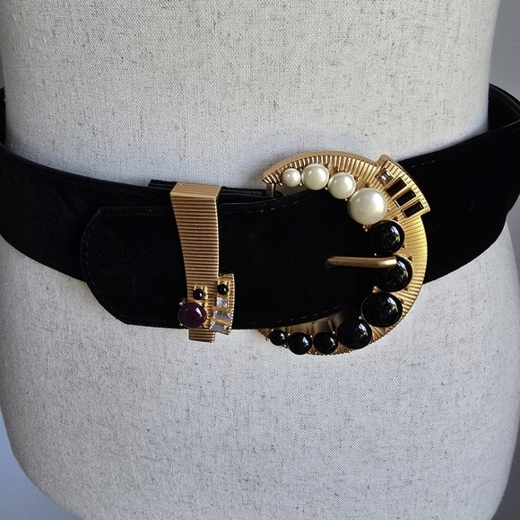 ZARA, Black Velvet Bejewelled Buckle Wide Statement Belt, Size 31 Waist - Picture 3 of 10